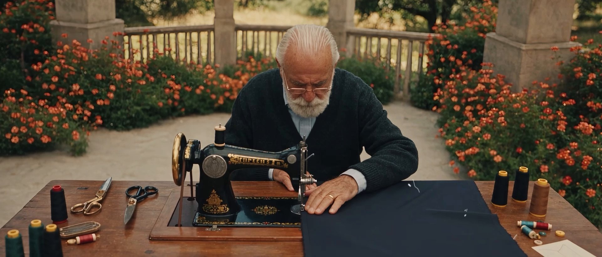 A tailor at a vintage sewing machine, at a table in a flowering garden.