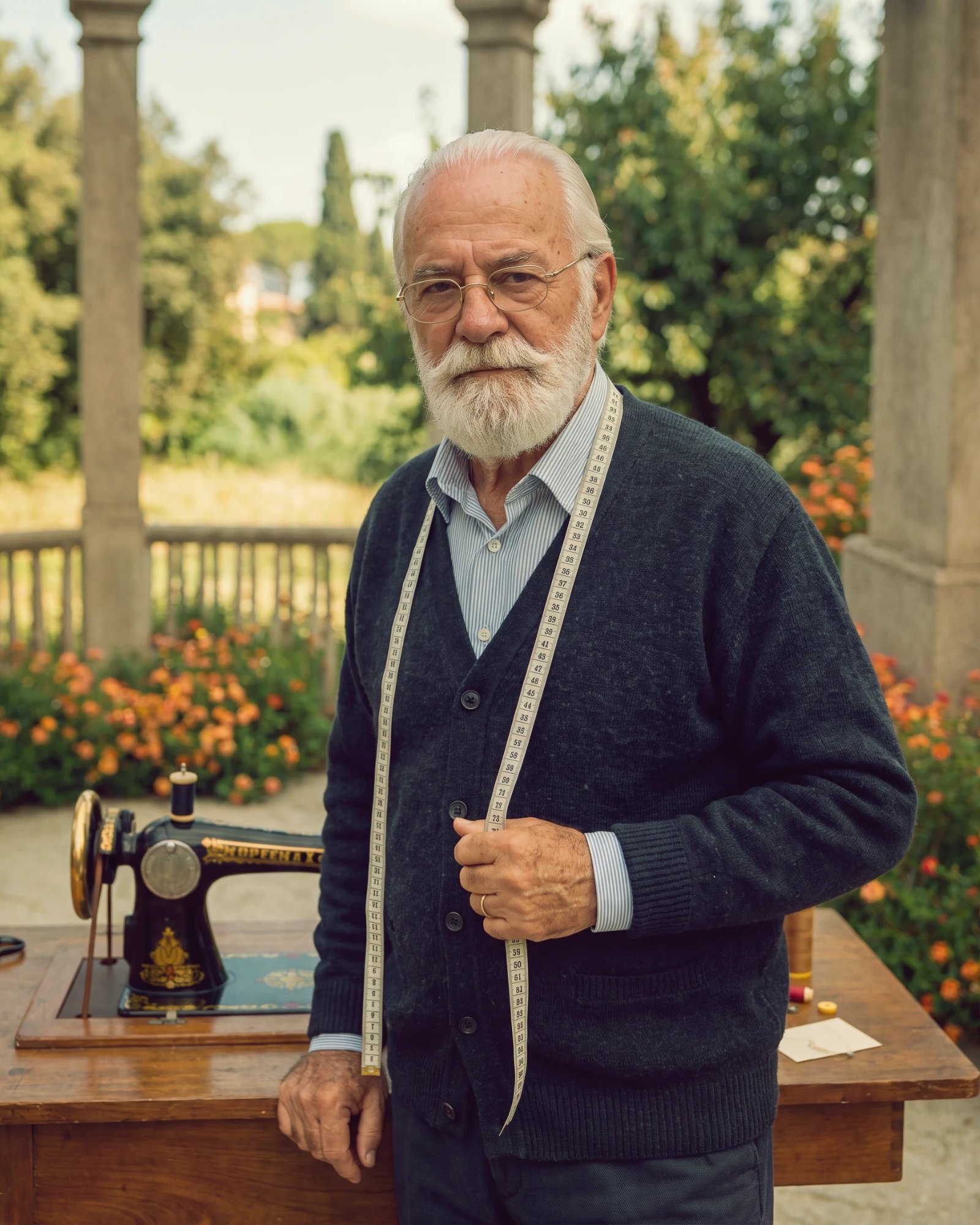 A white-bearded tailor in glasses and a navy cardigan, a tape measure around his neck, beside a sewing machine in a garden.