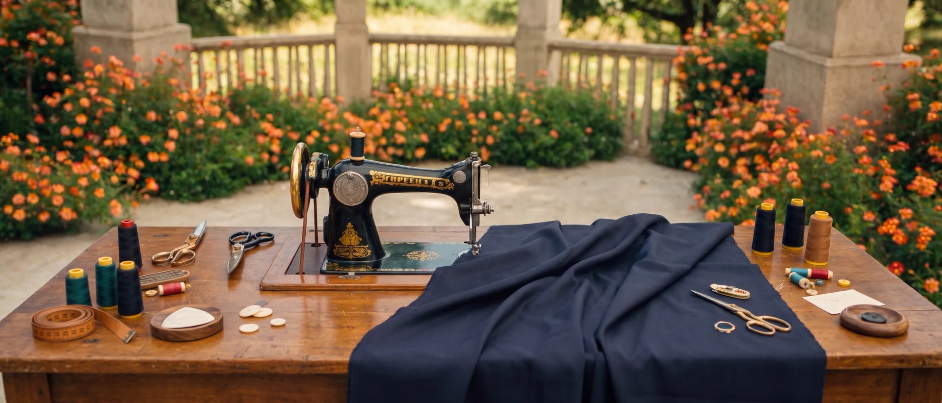 A vintage sewing machine and navy cloth on a wooden work table, in a garden of orange flowers.